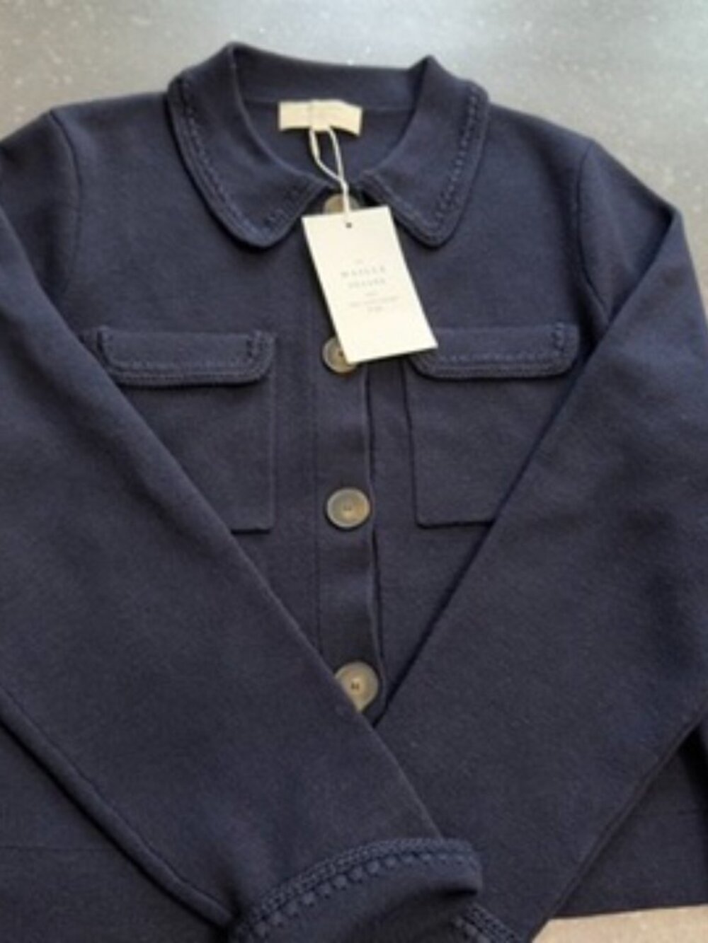 Sézane La Maille Betty Crochet Trim Knit Jacket Sweater Navy NWT Size L - Picture 4 of 14